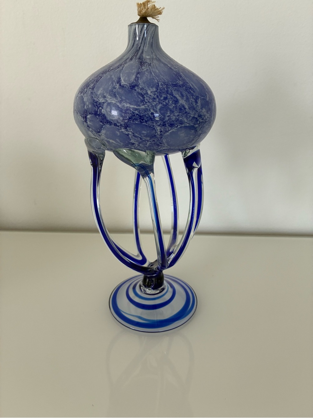 Vintage Jozefina Krosno Poland Hand Blown Blue Art Glass "Octopus" Oil Lamp